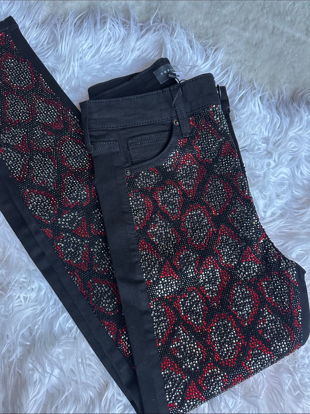 Topshop Black Skinny Jeans with Red and Silver Studded Rhinestone Crystal